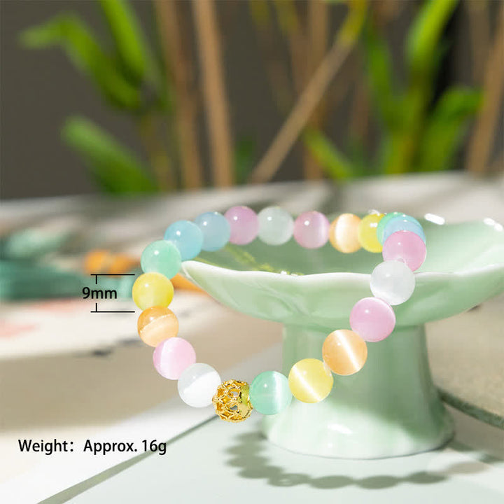 Buddha Stones 中空デザインのマルチカラーキャッツアイラウンドビーズ幸運を呼ぶブレスレット - image 3