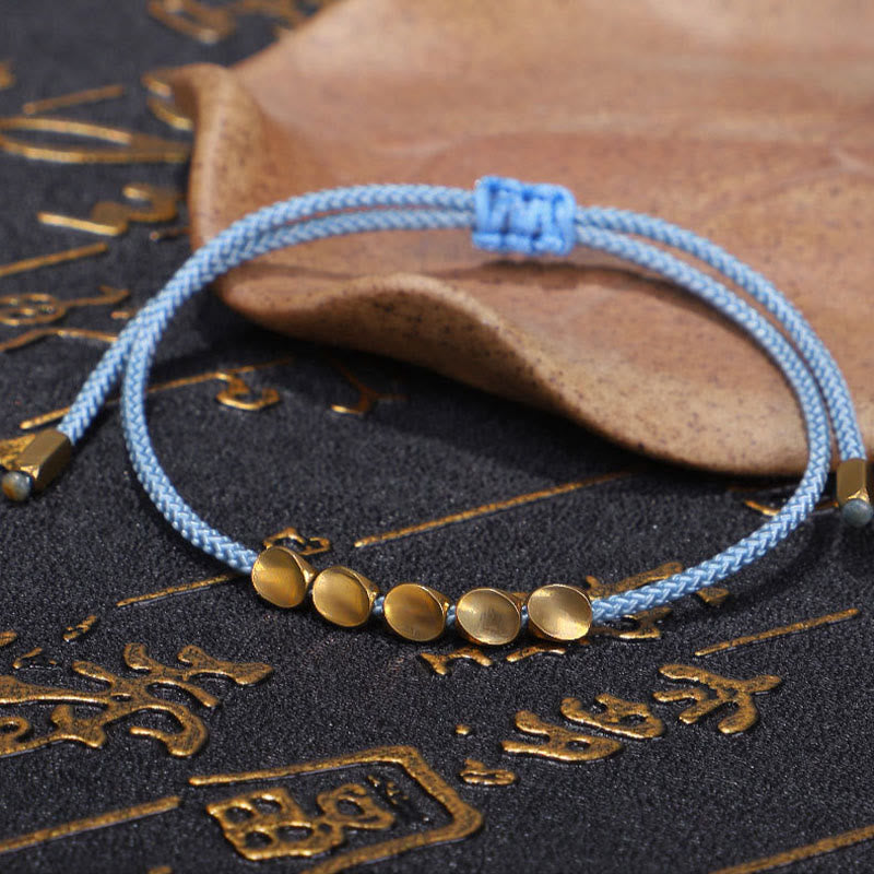 Buddha Stones 青と黄色の糸、金色の銅ビーズを使用したヒーリングブレスレット3個セット - image 4