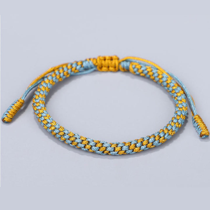 Buddha Stones 青と黄色の糸、金色の銅ビーズを使用したヒーリングブレスレット3個セット - image 3