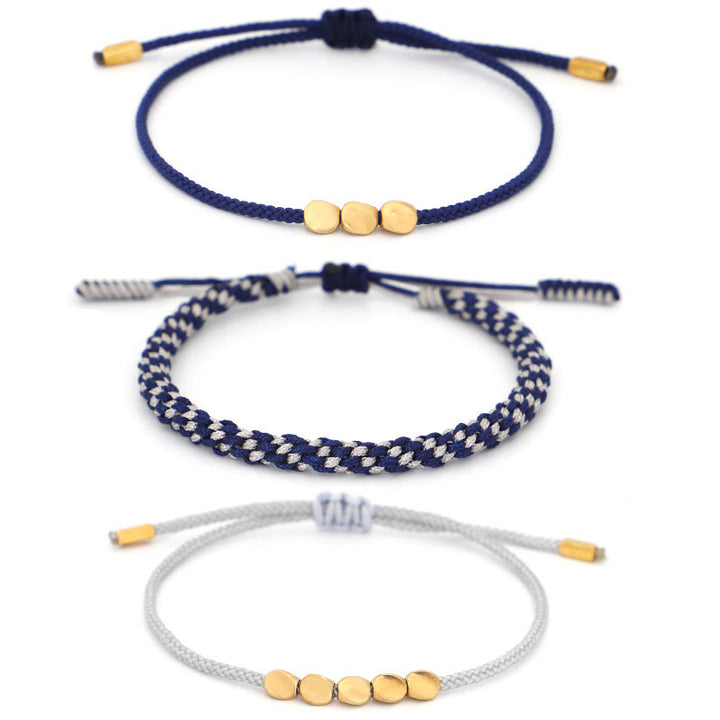 Buddha Stones 青とグレーの糸に金色の銅ビーズをあしらったセルフケアブレスレット（3個セット） - image 10