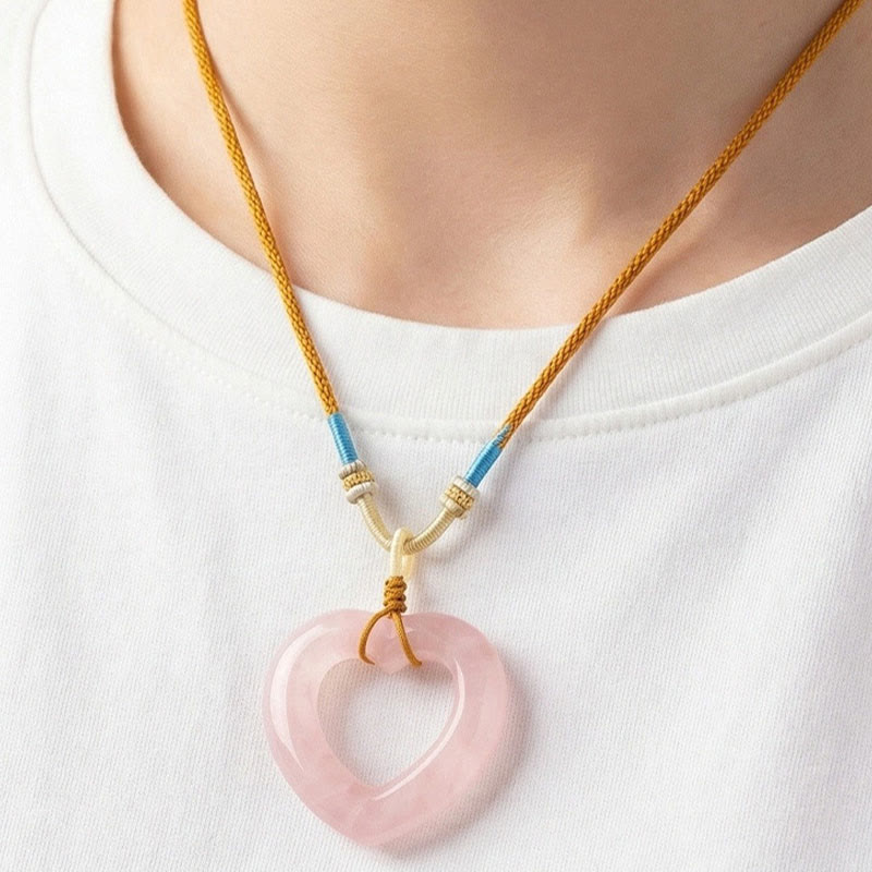 Buddha Stones 天然ローズクォーツ製中空ラブハート型ネックレスペンダント - image 6