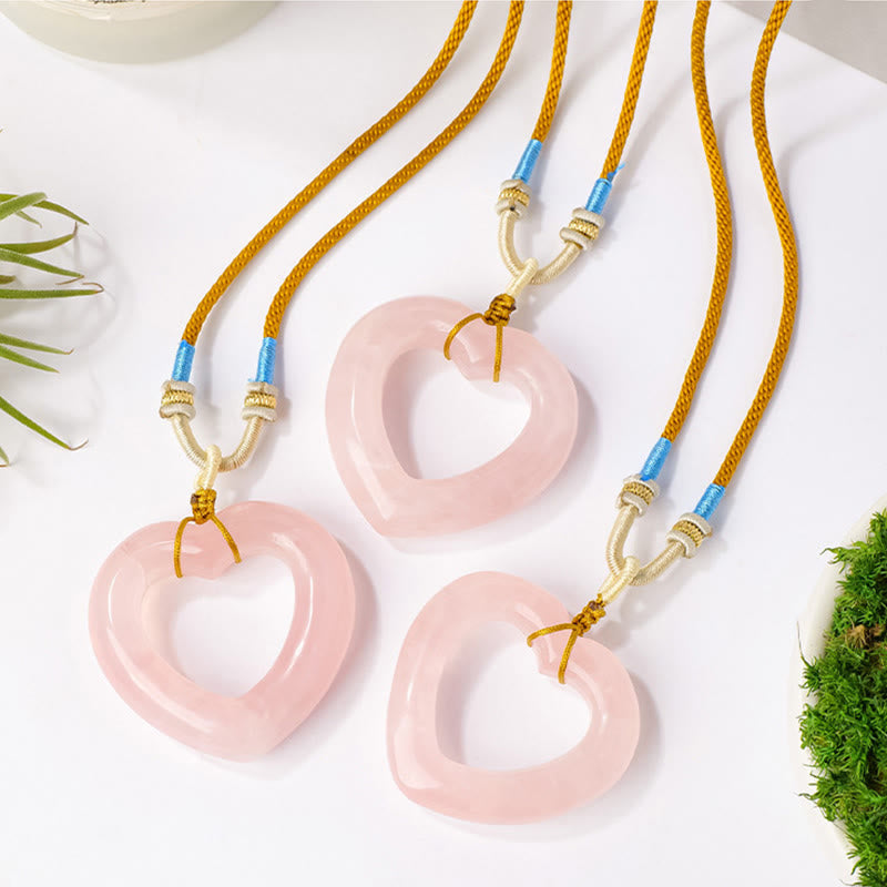 Buddha Stones 天然ローズクォーツ製中空ラブハート型ネックレスペンダント - image 4