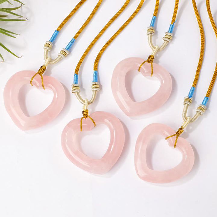 Buddha Stones 天然ローズクォーツ製中空ラブハート型ネックレスペンダント - image 3