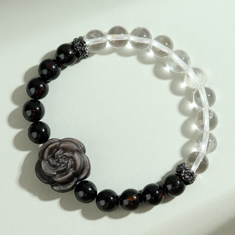 Buddha Stones ブラックトルマリンとクリアクォーツを彫刻したバラの花のデザインが特徴的なブレスレット - image 2
