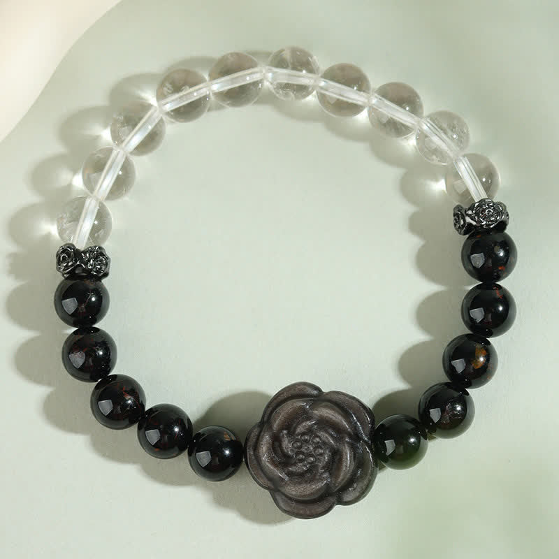 Buddha Stones ブラックトルマリンとクリアクォーツを彫刻したバラの花のデザインが特徴的なブレスレット - image 1