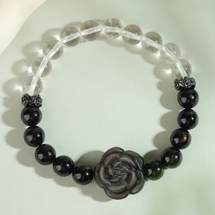 Buddha Stones ブラックトルマリンとクリアクォーツを彫刻したバラの花のデザインが特徴的なブレスレット - image 1