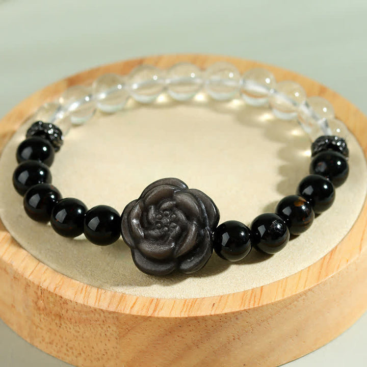 Buddha Stones ブラックトルマリンとクリアクォーツを彫刻したバラの花のデザインが特徴的なブレスレット - image 8