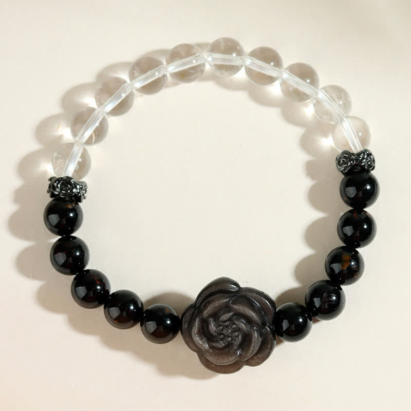 Buddha Stones ブラックトルマリンとクリアクォーツを彫刻したバラの花のデザインが特徴的なブレスレット - image 7