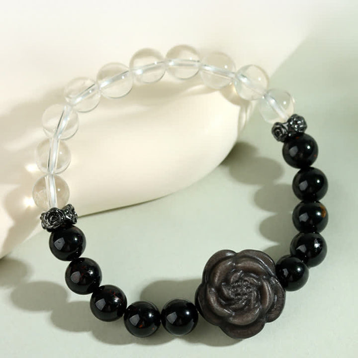 Buddha Stones ブラックトルマリンとクリアクォーツを彫刻したバラの花のデザインが特徴的なブレスレット - ブラックトルマリン（手首周り15～16cm） - image 0
