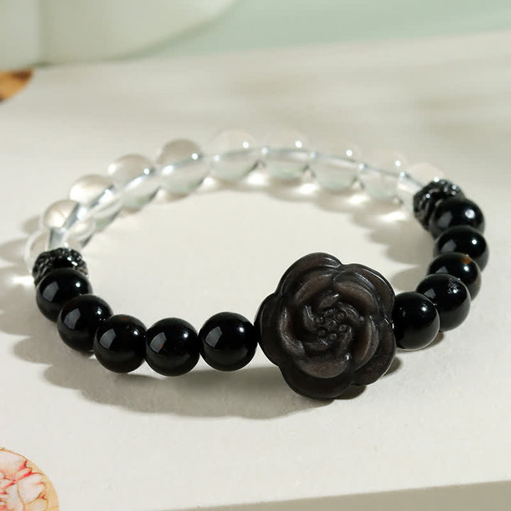 Buddha Stones ブラックトルマリンとクリアクォーツを彫刻したバラの花のデザインが特徴的なブレスレット - image 3