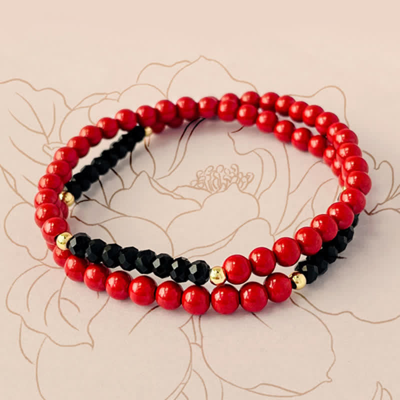 Buddha Stones 4mmダブルラップ辰砂ブラックトルマリン良縁祈願ブレスレット - image 3