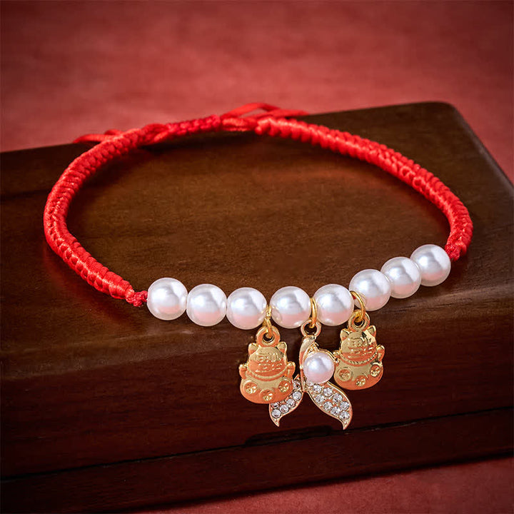 Buddha Stones 赤紐で編まれた真珠の魚の尾の形をした、調節可能な猫用ペット首輪 - image 2