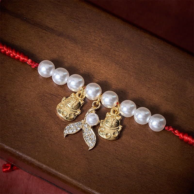 Buddha Stones 赤紐で編まれた真珠の魚の尾の形をした、調節可能な猫用ペット首輪 - image 4