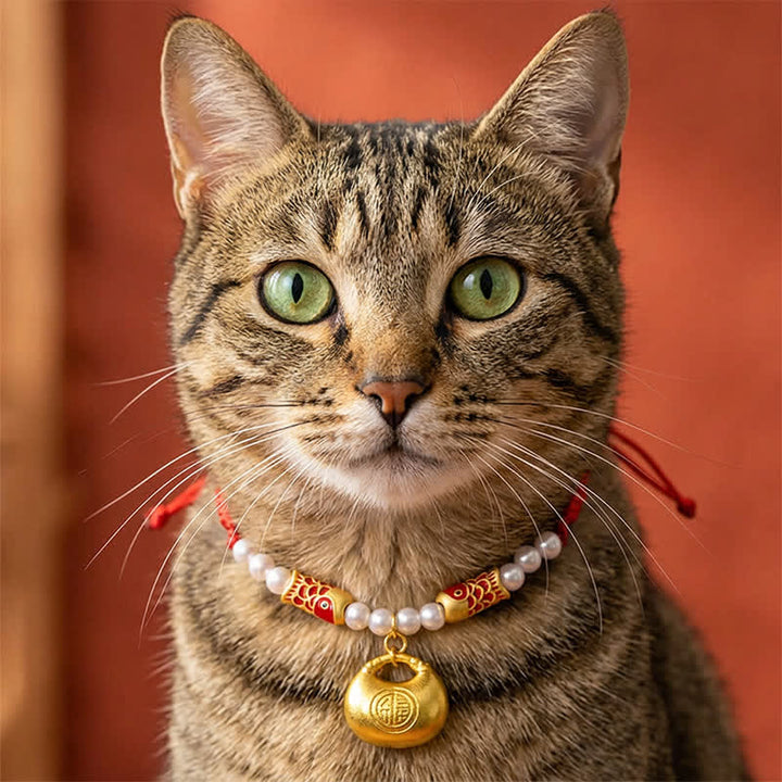 Buddha Stones 赤紐で編ん鯉の福の文字がデザインされた、猫や犬、ペット用の調節可能幸運繁栄首輪。 - image 10