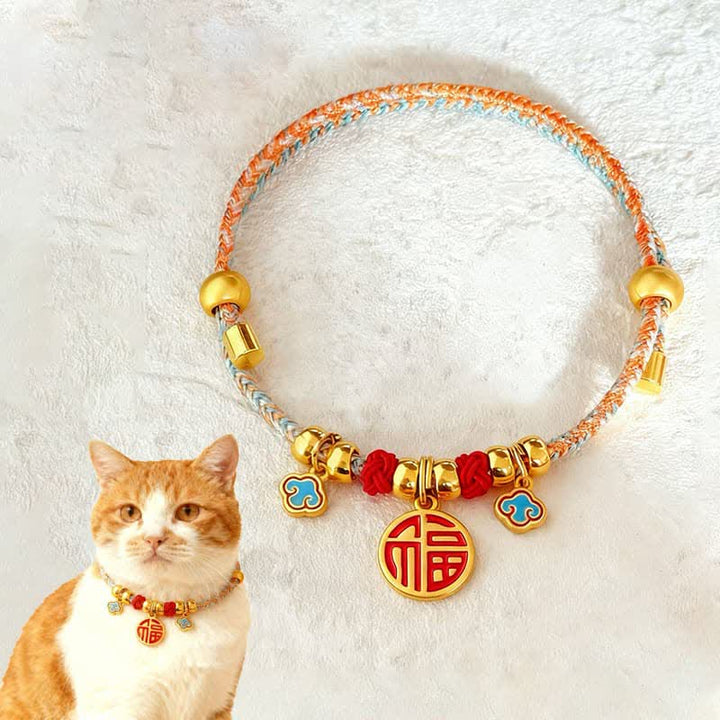 Buddha Stones カラフルな紐ビーズ編みの福文字保護調節可能猫犬ペット用首輪 - image 2