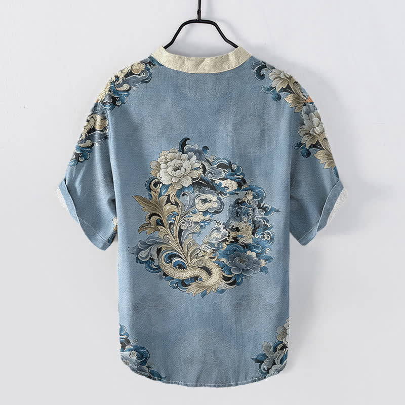 Buddha Stones 綿素材の東洋牡丹鳳凰柄メンズ半袖ハーフボタンシャツ - image 6