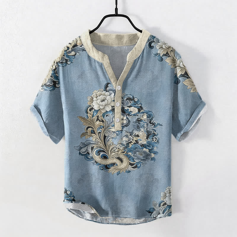 Buddha Stones 綿素材の東洋牡丹鳳凰柄メンズ半袖ハーフボタンシャツ - 水色 - US/UK/AU50、EU60（5XL） - image 5