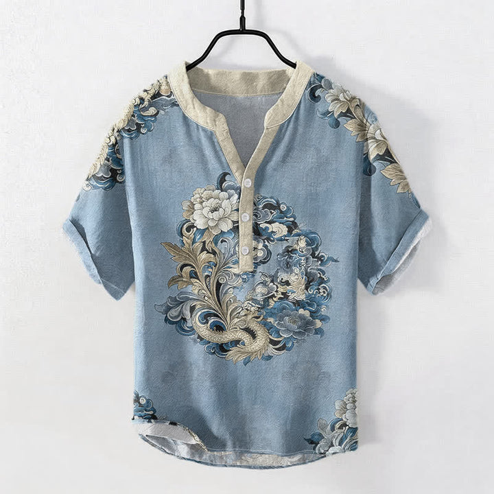 Buddha Stones 綿素材の東洋牡丹鳳凰柄メンズ半袖ハーフボタンシャツ - 水色 - US/UK/AU50、EU60（5XL） - image 5