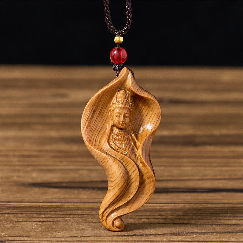 Buddha Stones 観音観音観世音菩薩蓮の葉 Platycladus Orientalis 木製富ネックレスペンダント - 観音菩薩 - image 0