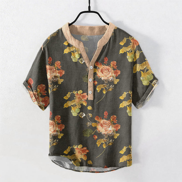 Buddha Stones ピュアコットン ヴィンテージローズガーデン柄 メンズ半袖ハーフボタンシャツ - グレー - US/UK/AU50、EU60（5XL） - image 0