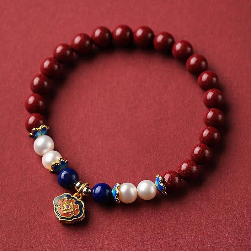Buddha Stones 辰砂（ラピスラズリ）中国式錠前チャーム付き良縁祈願ブレスレット - image 1