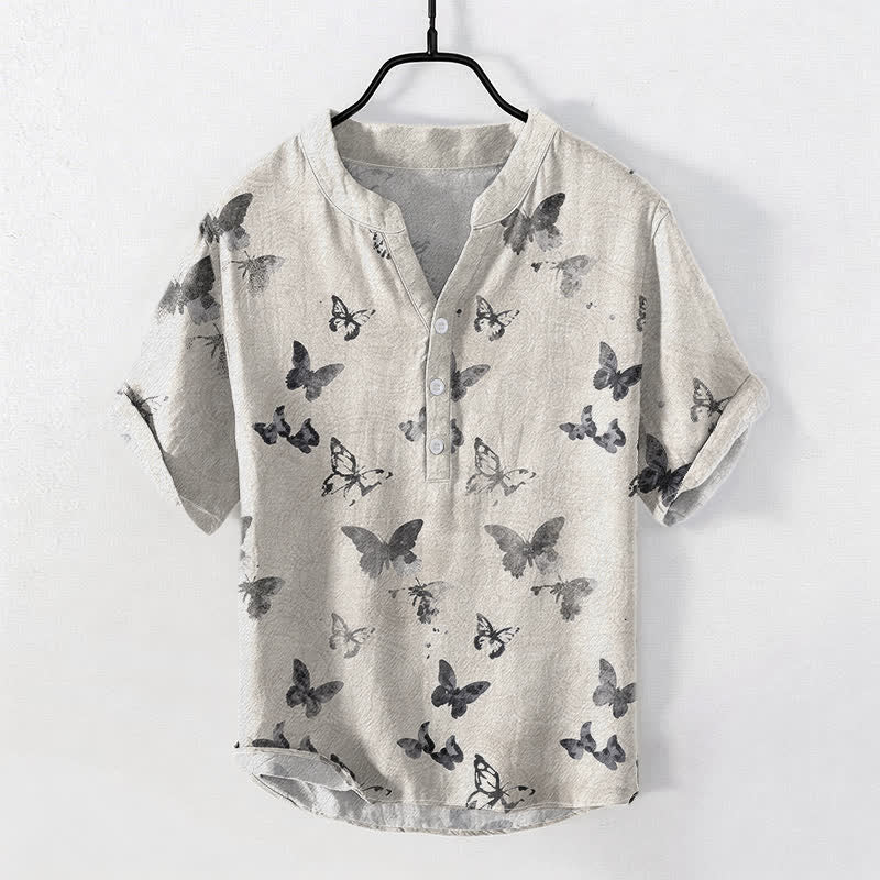 Buddha Stones 綿素材の蝶柄メンズ半袖ハーフボタンシャツ - リネン - US/UK/AU50、EU60（5XL） - image 2