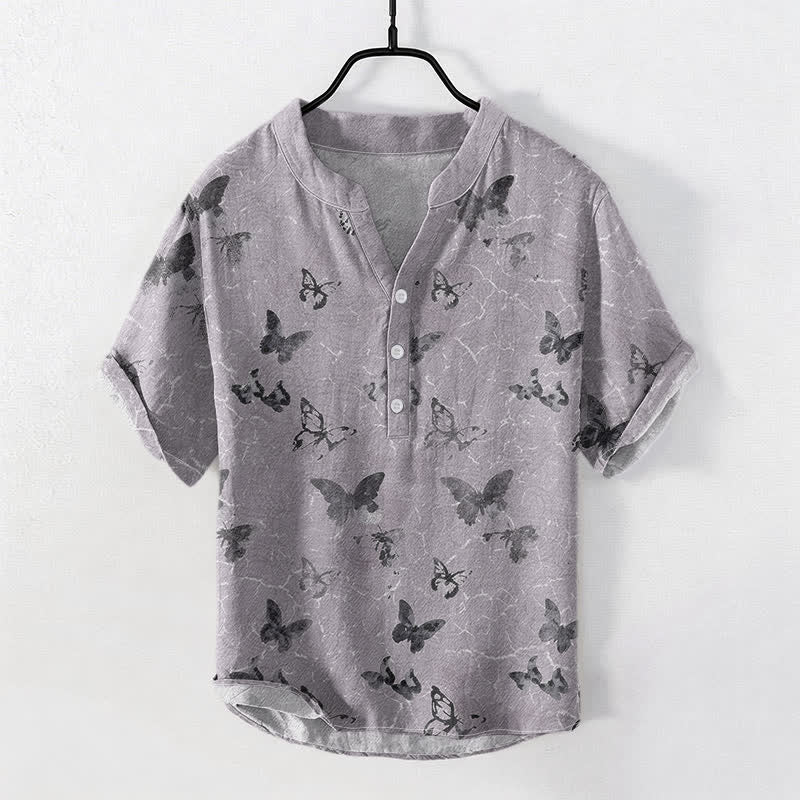 Buddha Stones 綿素材の蝶柄メンズ半袖ハーフボタンシャツ - アザミ - US/UK/AU50、EU60（5XL） - image 0