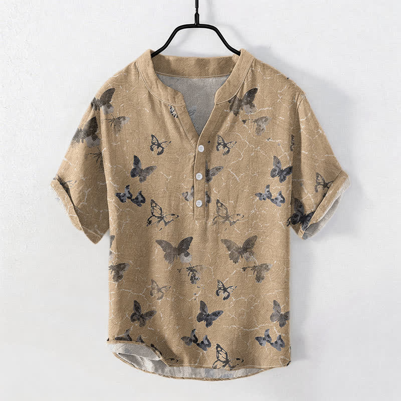 Buddha Stones 綿素材の蝶柄メンズ半袖ハーフボタンシャツ - タン - US/UK/AU50、EU60（5XL） - image 5
