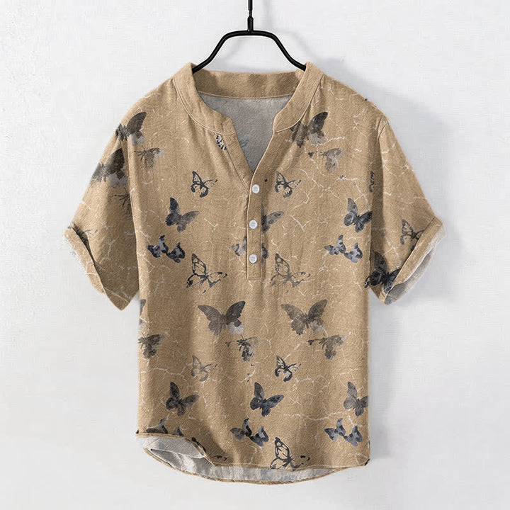 Buddha Stones 綿素材の蝶柄メンズ半袖ハーフボタンシャツ - タン - US/UK/AU50、EU60（5XL） - image 5