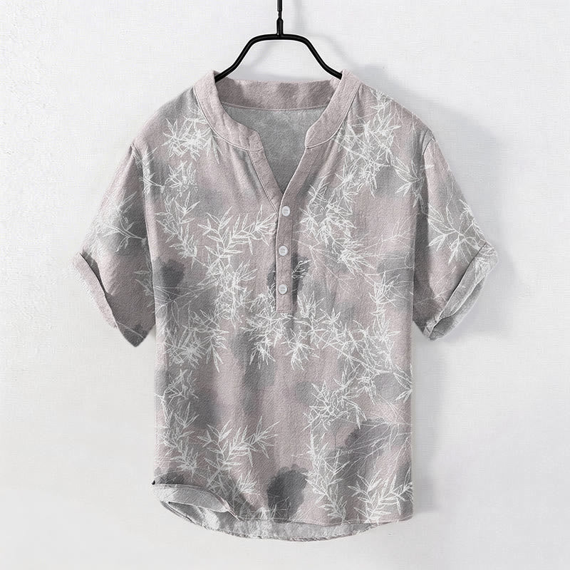 Buddha Stones 綿素材の竹の葉柄メンズ半袖ハーフボタンシャツ - ライトグレー - US/UK/AU50、EU60（5XL） - image 0