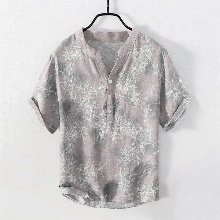Buddha Stones 綿素材の竹の葉柄メンズ半袖ハーフボタンシャツ - ライトグレー - US/UK/AU50、EU60（5XL） - image 0