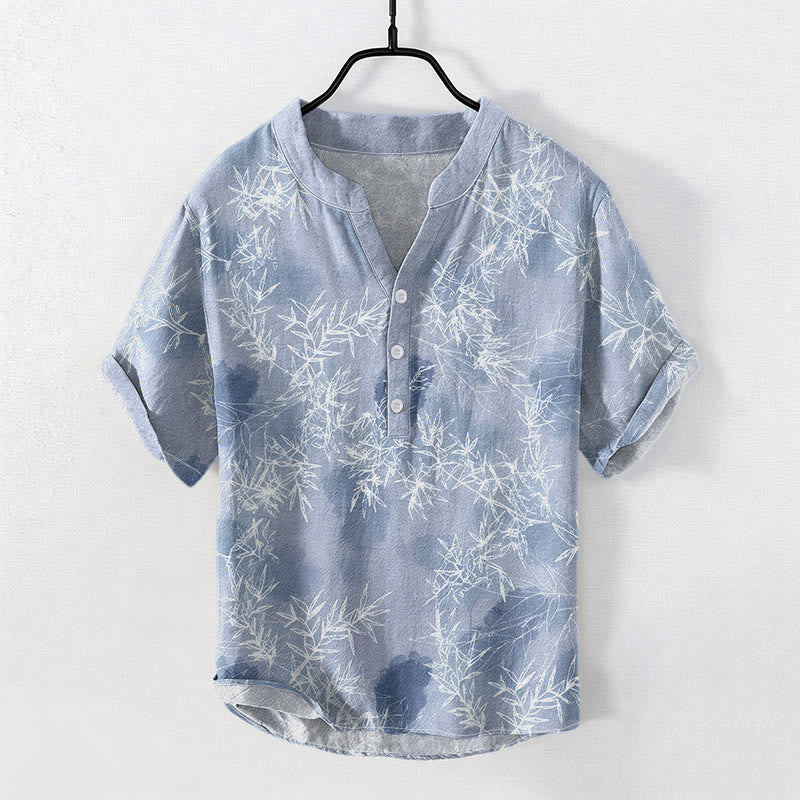 Buddha Stones 綿素材の竹の葉柄メンズ半袖ハーフボタンシャツ - ライトスチールブルー - US/UK/AU50、EU60（5XL） - image 3