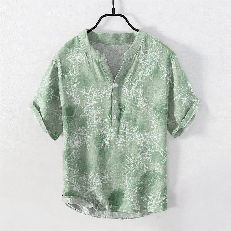 Buddha Stones 綿素材の竹の葉柄メンズ半袖ハーフボタンシャツ - ライトグリーン - US/UK/AU50、EU60（5XL） - image 5
