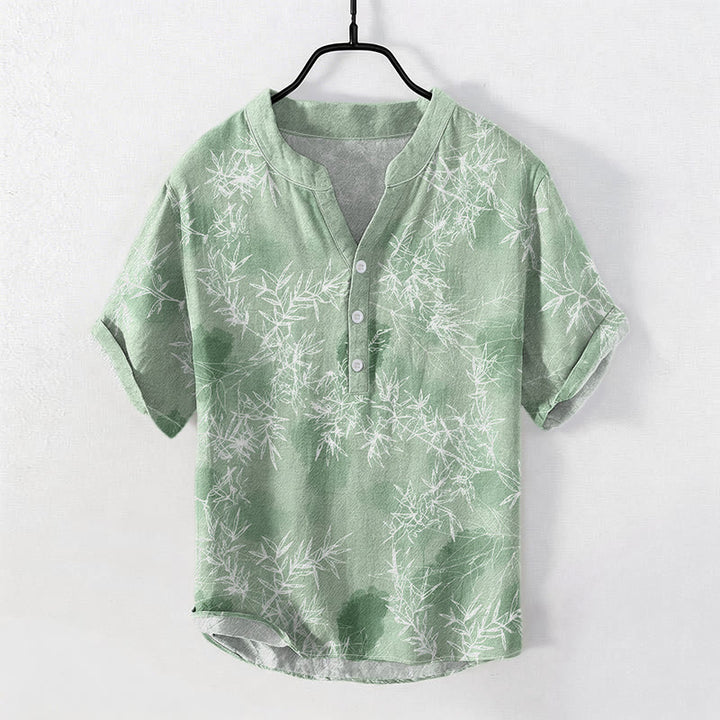 Buddha Stones 綿素材の竹の葉柄メンズ半袖ハーフボタンシャツ - ライトグリーン - US/UK/AU50、EU60（5XL） - image 5