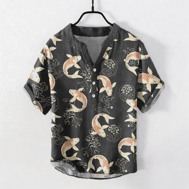 Buddha Stones コットン鯉の波紋模様メンズ半袖ハーフボタンシャツ - 黒 - US/UK/AU50、EU60（5XL） - image 0