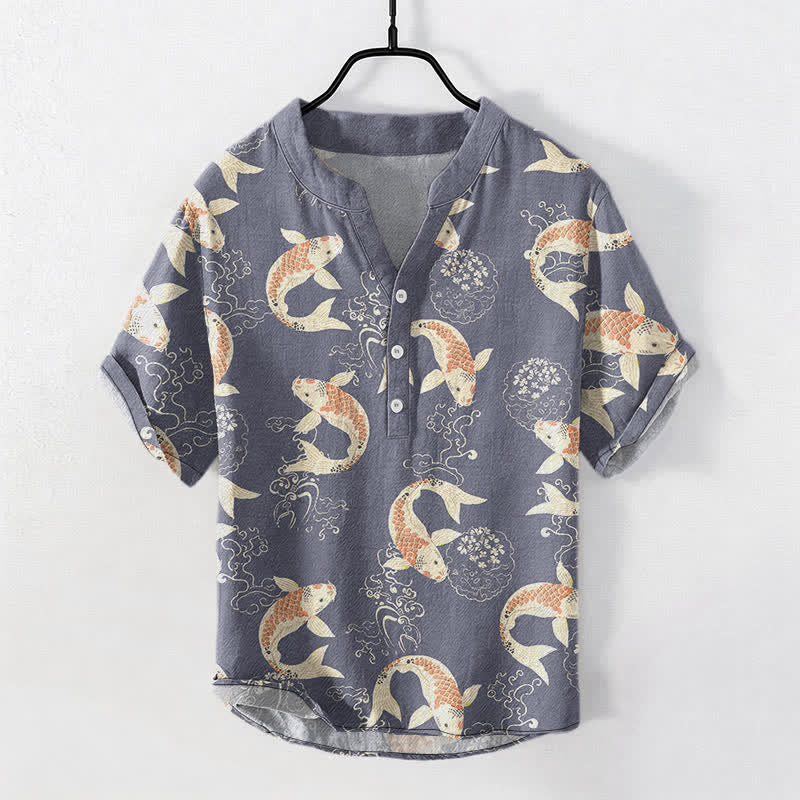 Buddha Stones コットン鯉の波紋模様メンズ半袖ハーフボタンシャツ - スレートグレー - US/UK/AU50、EU60（5XL） - image 5