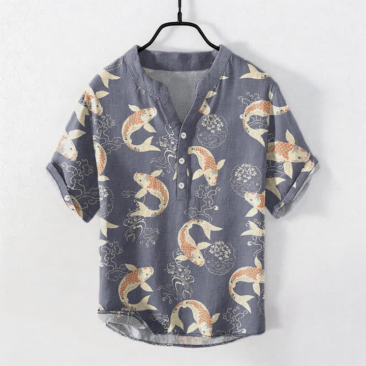 Buddha Stones コットン鯉の波紋模様メンズ半袖ハーフボタンシャツ - スレートグレー - US/UK/AU50、EU60（5XL） - image 5