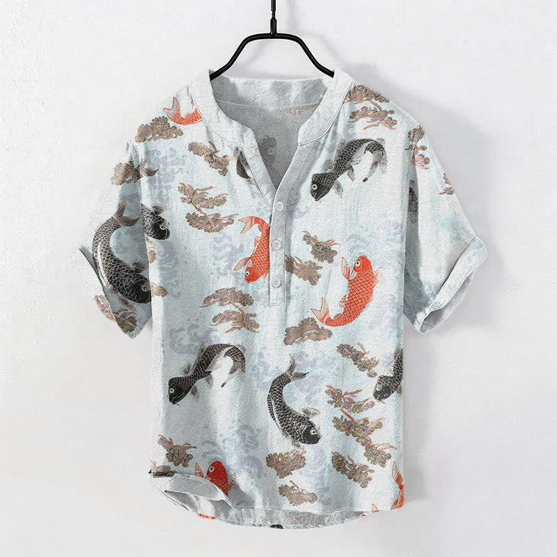 Buddha Stones コットン製鯉と波模様のメンズ半袖ハーフボタンシャツ - ライトシアン - US/UK/AU50、EU60（5XL） - image 3