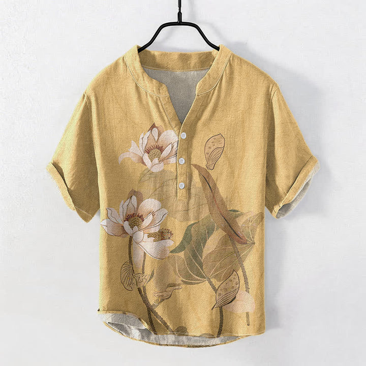 Buddha Stones コットン製、手描き蓮柄メンズ半袖ハーフボタンシャツ - 小麦 - US/UK/AU50、EU60（5XL） - image 0