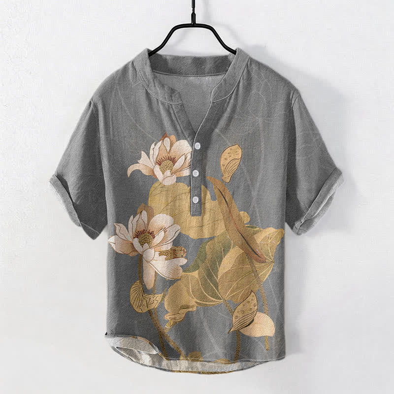 Buddha Stones コットン製、手描き蓮柄メンズ半袖ハーフボタンシャツ - グレー - US/UK/AU50、EU60（5XL） - image 5