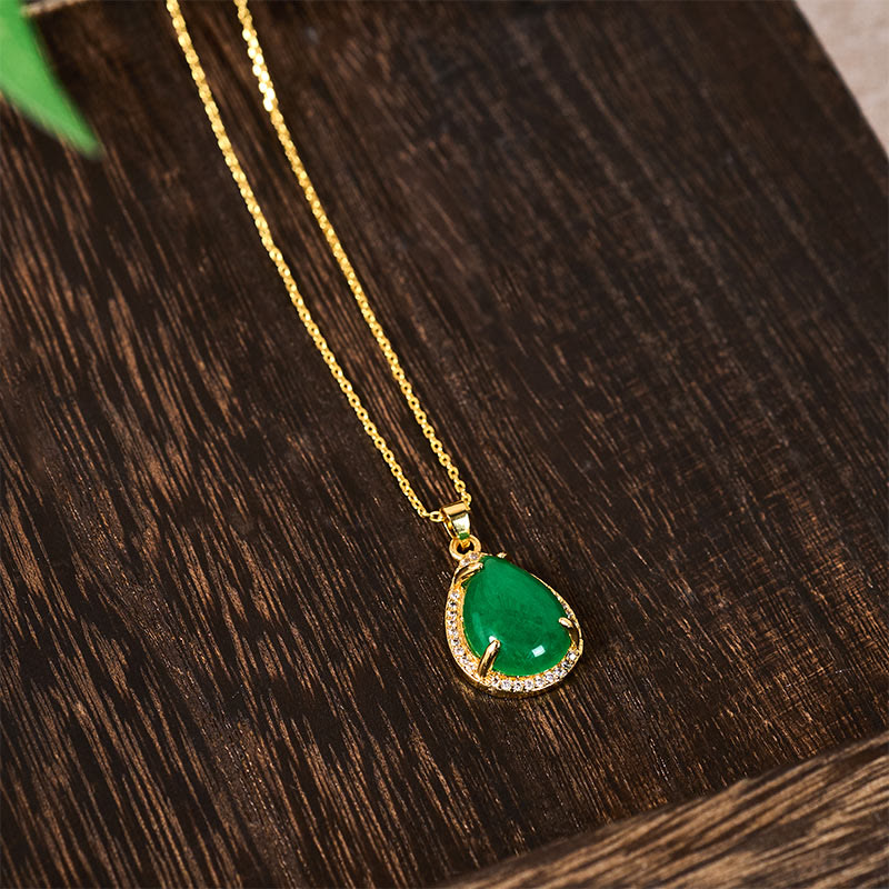 Buddha Stones 925スターリングシルバーチェーン レトログリーンアゲート銅製ティアドロップ幸運富ネックレスペンダント - image 4
