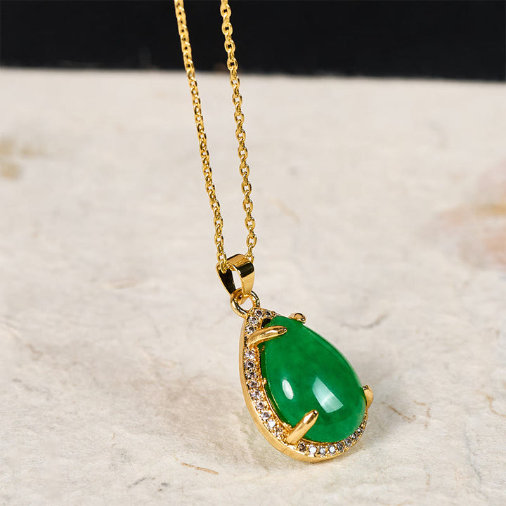 Buddha Stones 925スターリングシルバーチェーン レトログリーンアゲート銅製ティアドロップ幸運富ネックレスペンダント - image 1