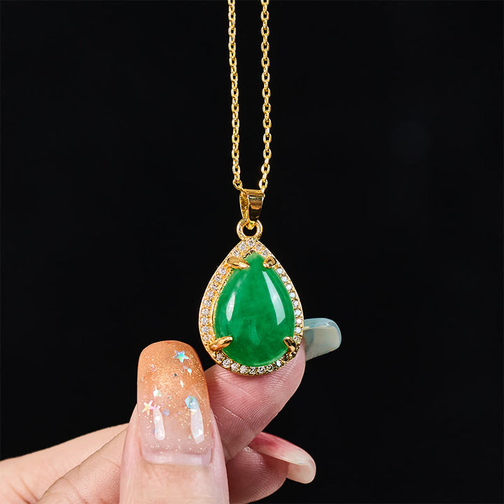 Buddha Stones 925スターリングシルバーチェーン レトログリーンアゲート銅製ティアドロップ幸運富ネックレスペンダント - image 3