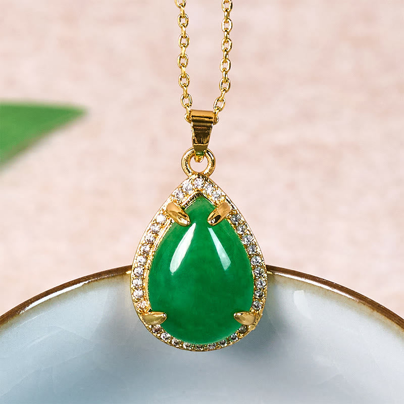 Buddha Stones 925スターリングシルバーチェーン レトログリーンアゲート銅製ティアドロップ幸運富ネックレスペンダント - グリーンアゲート（ペンダントサイズ：約2×1cm） - image 0