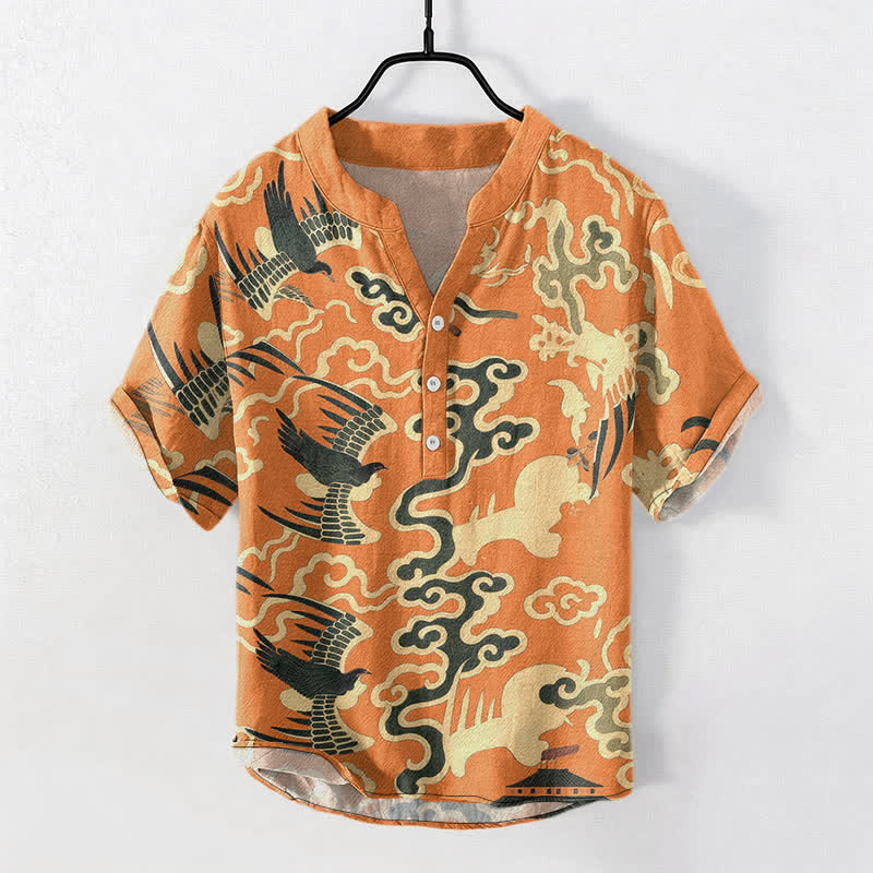 Buddha Stones 綿素材の鶴と雲のモチーフ柄メンズ半袖ハーフボタンシャツ - ダークオレンジ - US/UK/AU50、EU60（5XL） - image 0