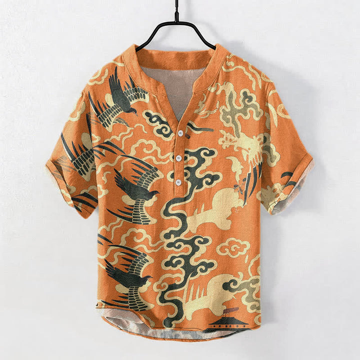 Buddha Stones 綿素材の鶴と雲のモチーフ柄メンズ半袖ハーフボタンシャツ - ダークオレンジ - US/UK/AU50、EU60（5XL） - image 0