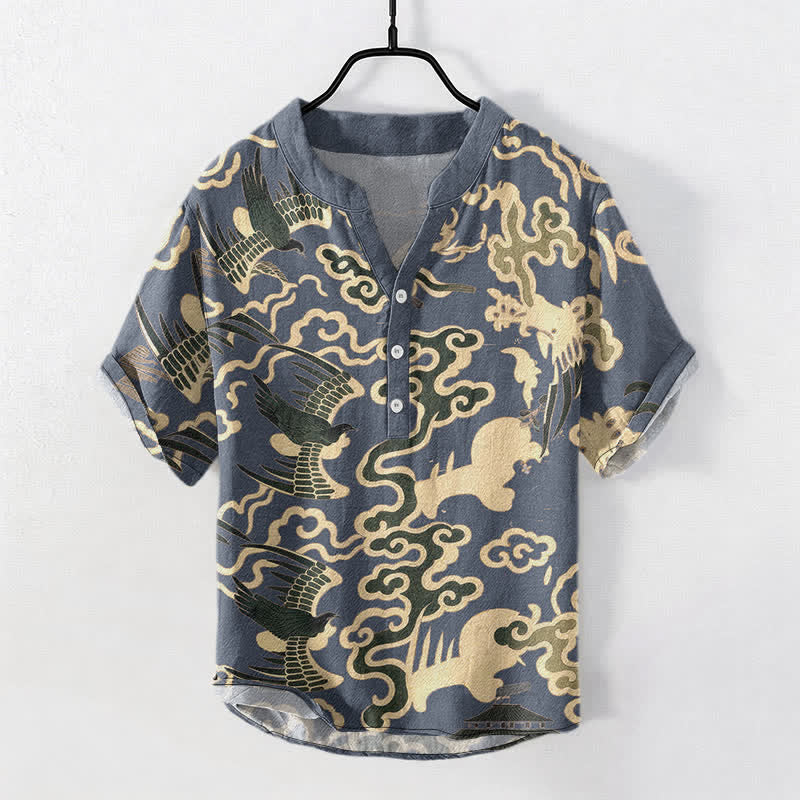 Buddha Stones 綿素材の鶴と雲のモチーフ柄メンズ半袖ハーフボタンシャツ - スレートグレー - US/UK/AU50、EU60（5XL） - image 5