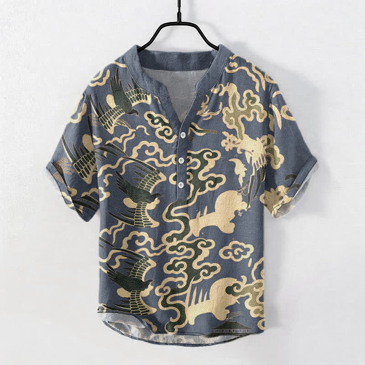Buddha Stones 綿素材の鶴と雲のモチーフ柄メンズ半袖ハーフボタンシャツ - スレートグレー - US/UK/AU50、EU60（5XL） - image 5