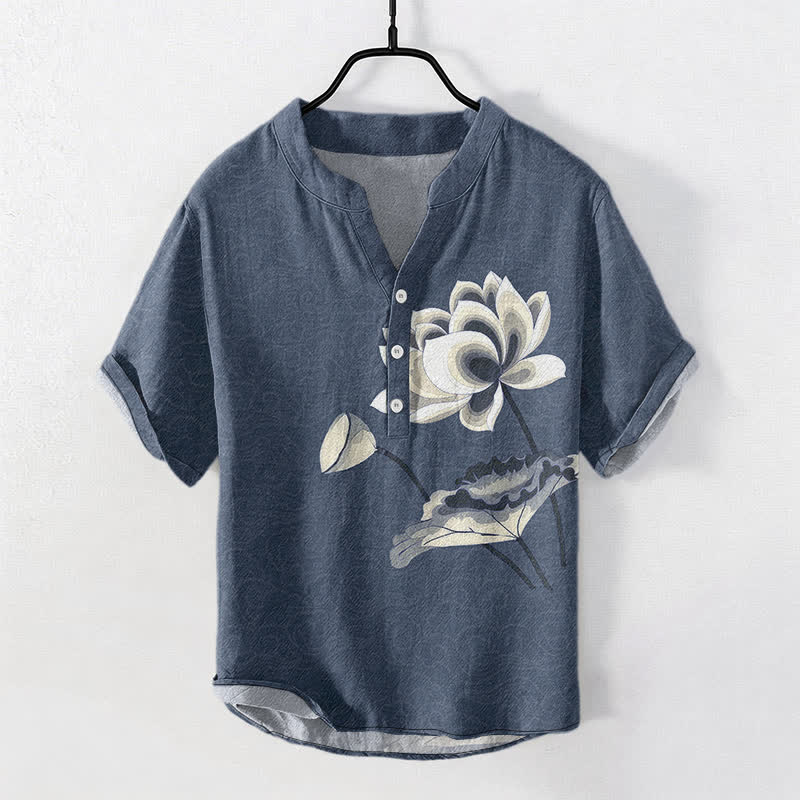 Buddha Stones コットン水彩蓮柄メンズ半袖ハーフボタンシャツ - スチールブルー - US/UK/AU50、EU60（5XL） - image 5