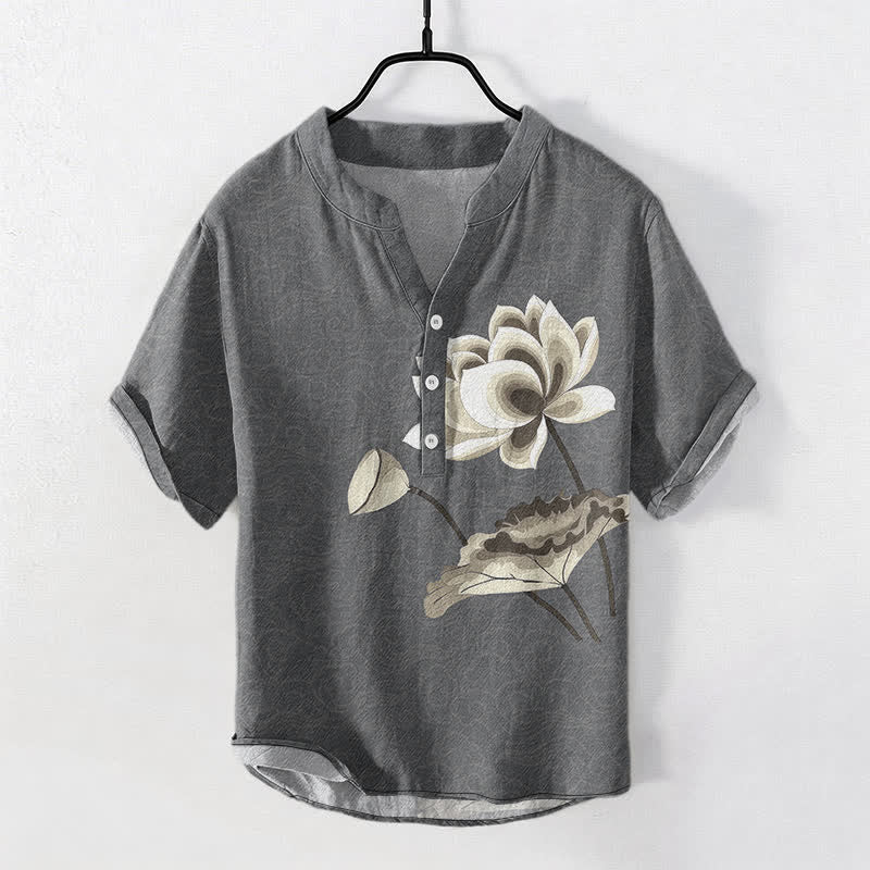 Buddha Stones コットン水彩蓮柄メンズ半袖ハーフボタンシャツ - 薄暗い灰色 - US/UK/AU50、EU60（5XL） - image 7
